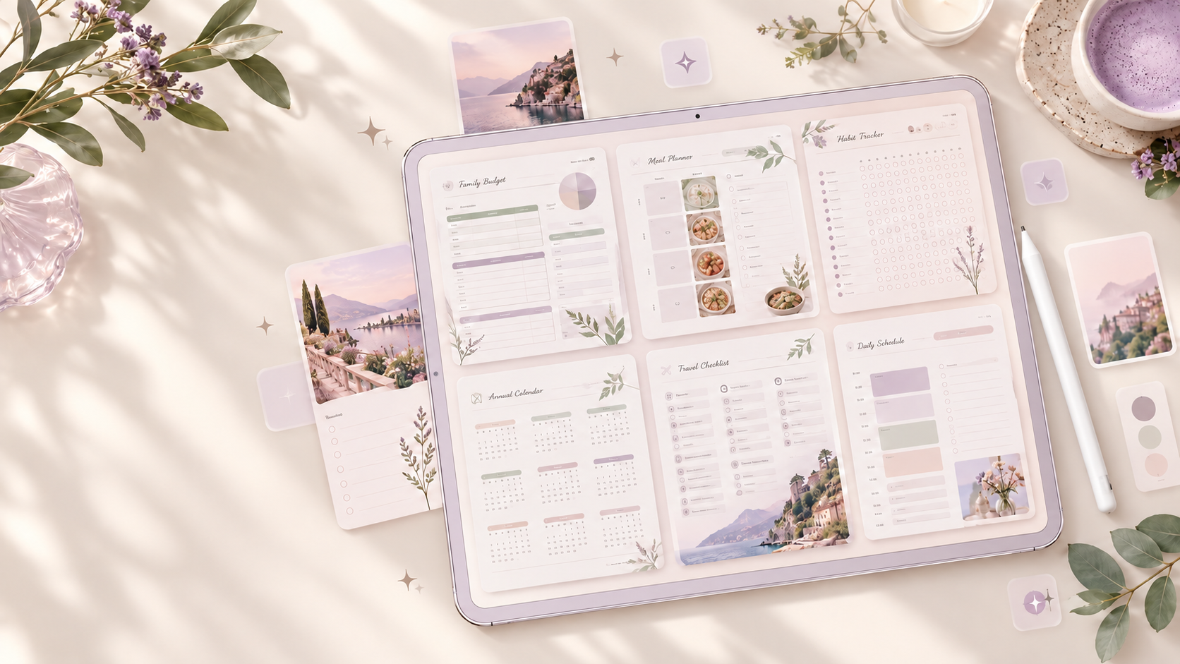 Digital budget, meal, habit, calendar and travel planner pages displayed on a tablet